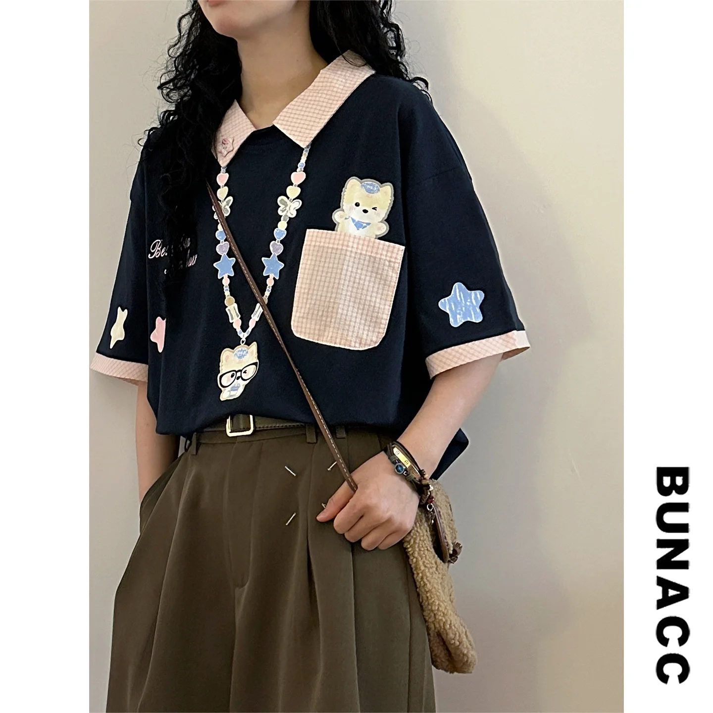 

Повседневная рубашка в стиле пэчворк, летняя футболка унисекс с коротким рукавом, универсальный повседневный топ в студенческом стиле с мультяшным пэчворком