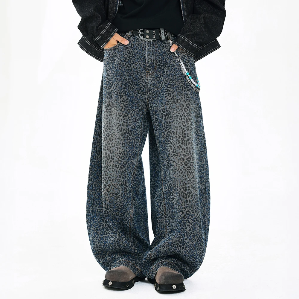 Men Loose Casual Streetwear Fashion Wide Leg Leopard Denim Jeans Machete Pants Women Net Celebrity Harem Scimitar Jeans Trousers
