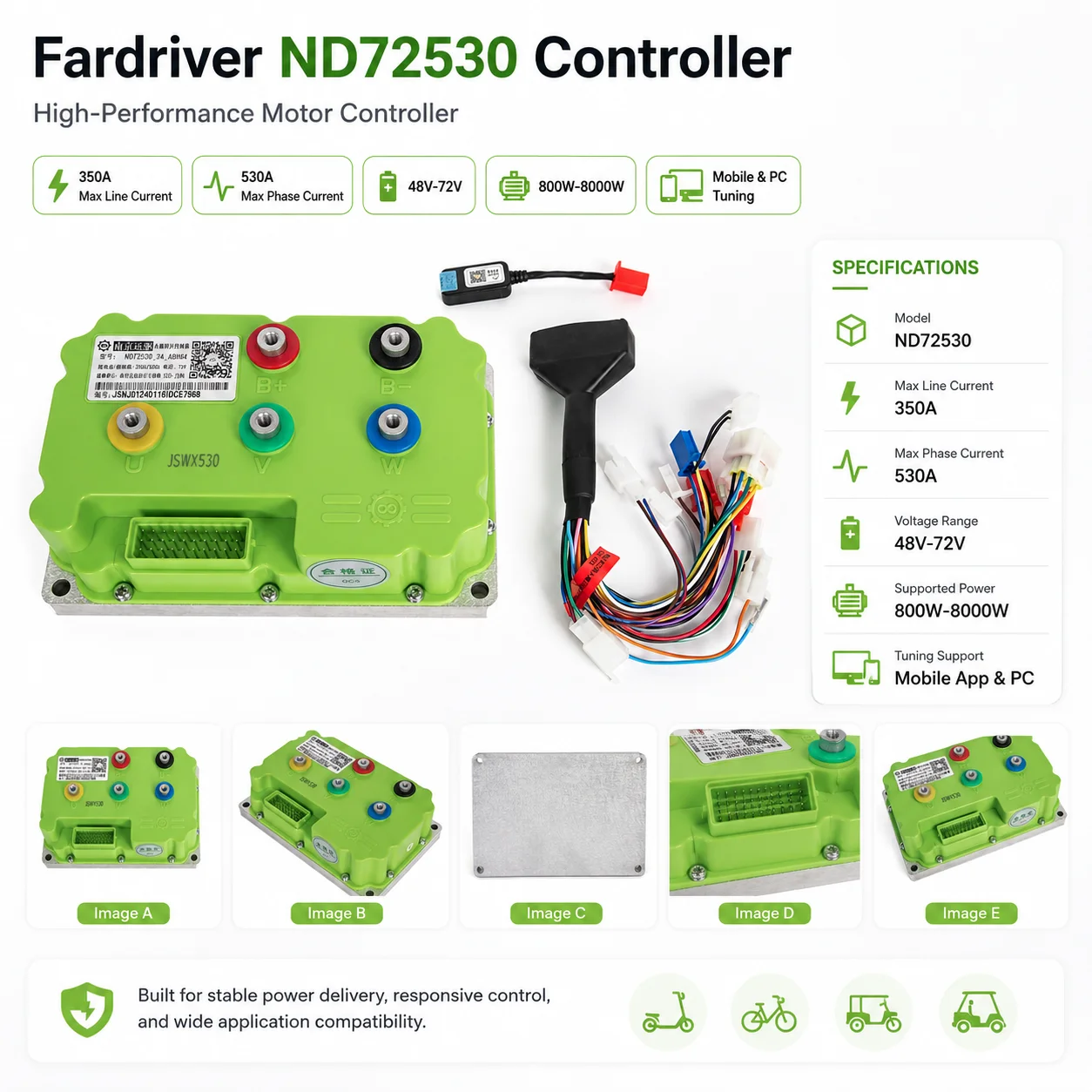 ND72530 48-72V 350A 8KW Sine Wave Motorcycle Programming for Electric Motorcycles Made in Mainland China