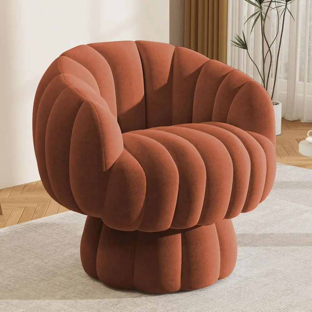 

360 Degree Barrel Swivel Accent Sofa Chair, Fluffy Velvet Fabric Lounge Wide Upholstered Pumpkin Reading Chair, Round Cloud Armc