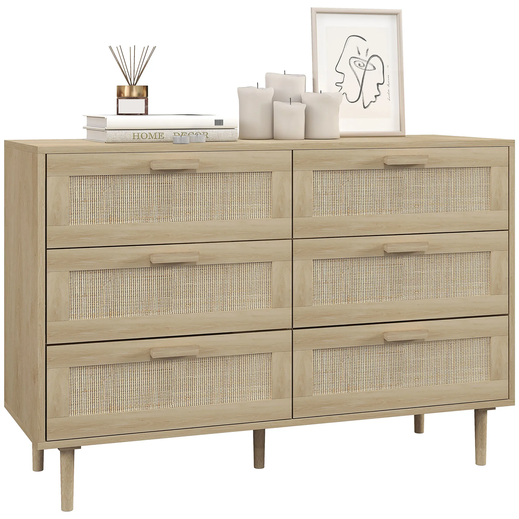 HOMCOM Commode 6 tiroirs meuble de rangement avec tissage en rotin dim. 110L x 40l x 75H cm Aspect Bois Clair