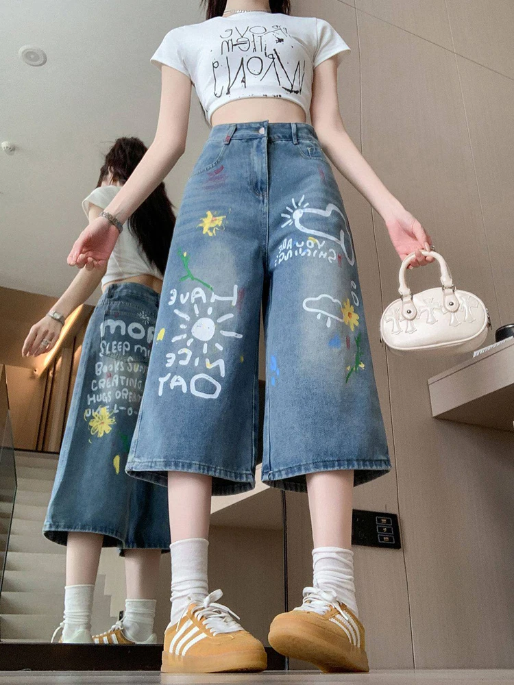 

Doodle Print High Waist Loose Wide Leg Jeans Women's Summer New Style Casual Comfortable Blue Denim Pants Loose Fit Trousers