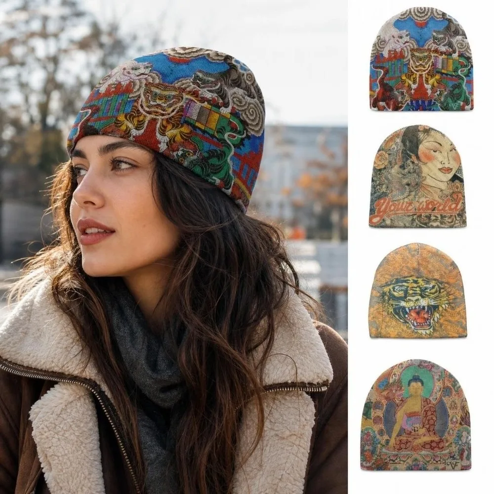 Breathable Printed Beanie Hat Warm Knit Elastic Brimless Skull Cap Hip Hop Kpop Harajuku Fashion Pull-on Beanie Cap