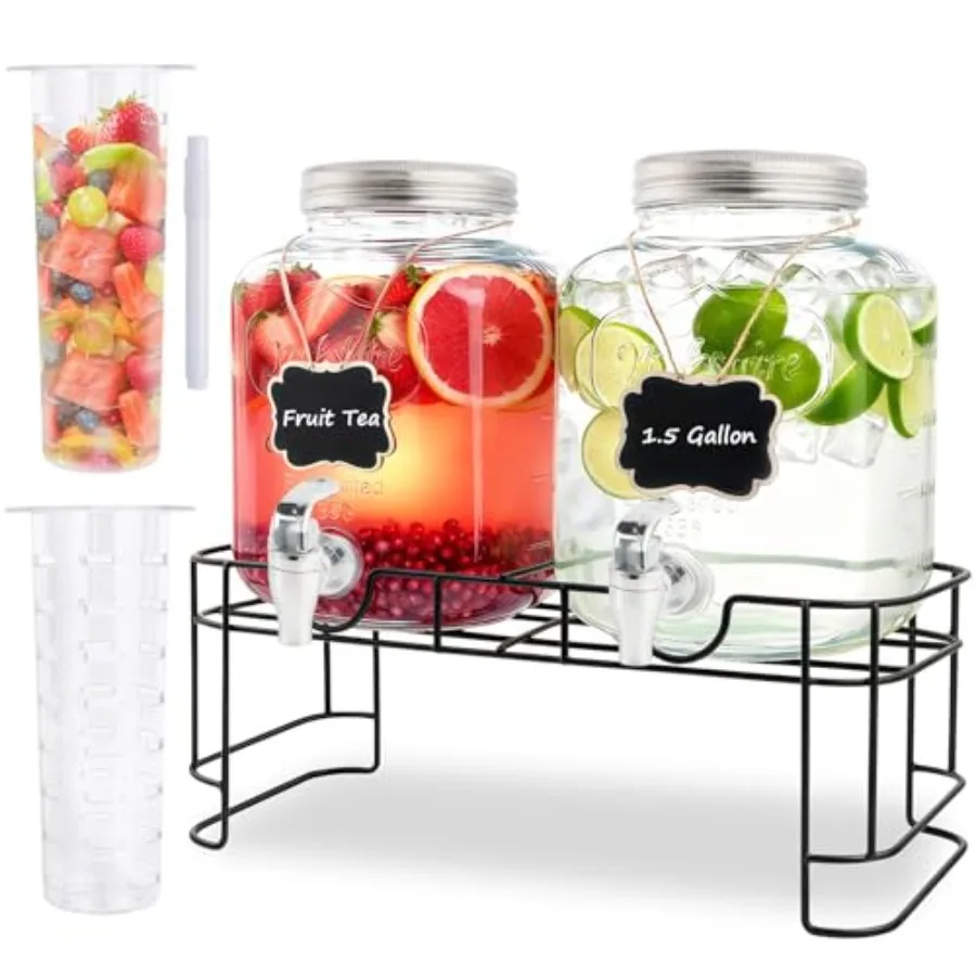 

5 Glass Drink Dispensers For Parties-Set of, Drink Dispenser with Fruit Infuser and Stand, Juice or Beverage Dispenser for BBQ,