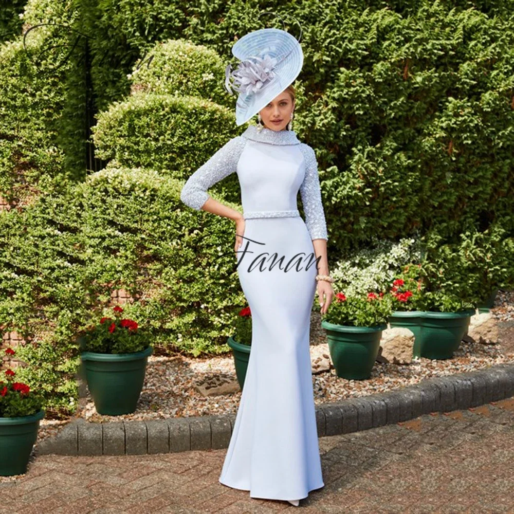 

Light Blue Mother Of The Bride Dresses With CrystalsThree Quarters Sleeve Sheath Prom Beads Jersey Evening Gowns