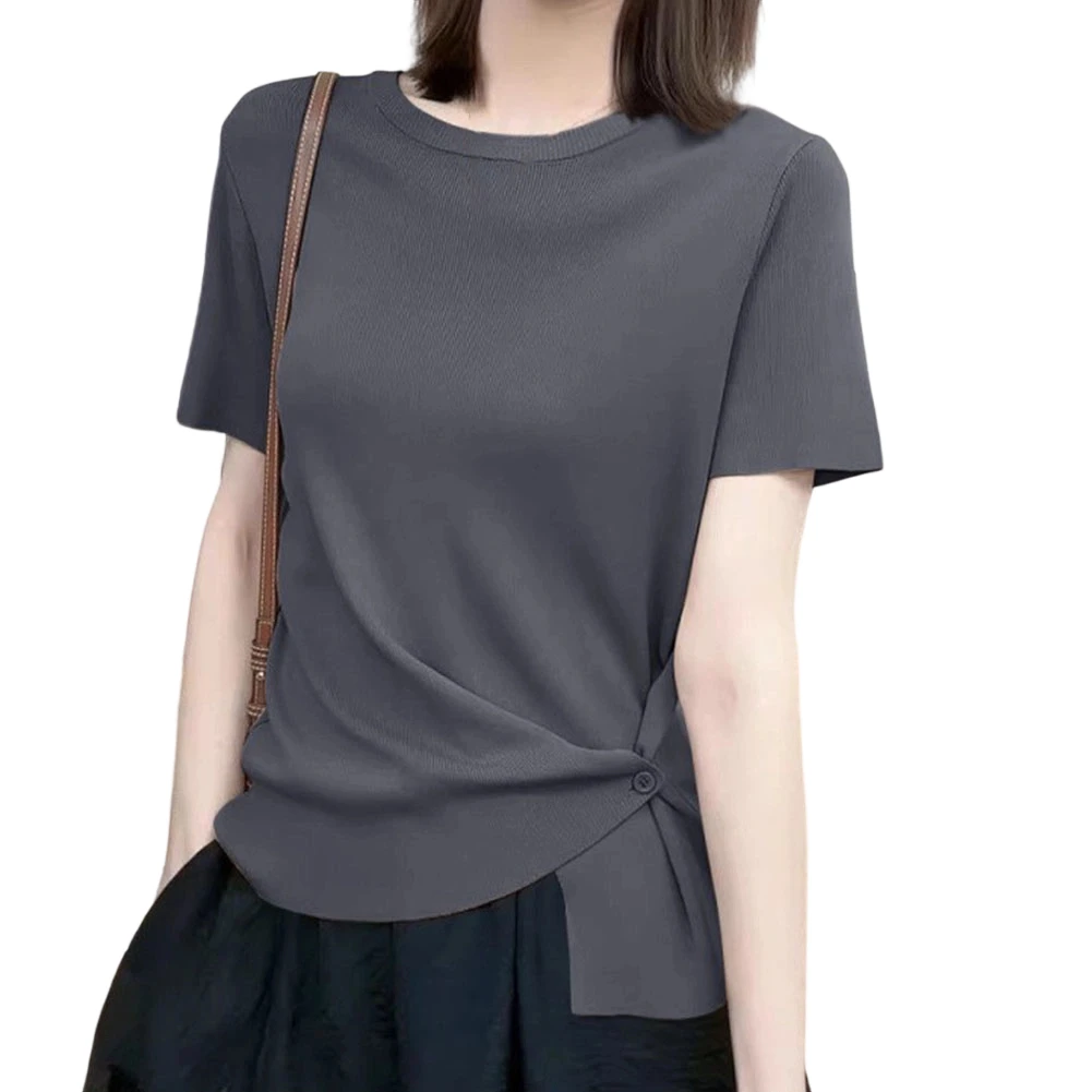 Women's Summer Ice Silk Short Sleeve Tees Tops Side Button Round Neck T-shirts