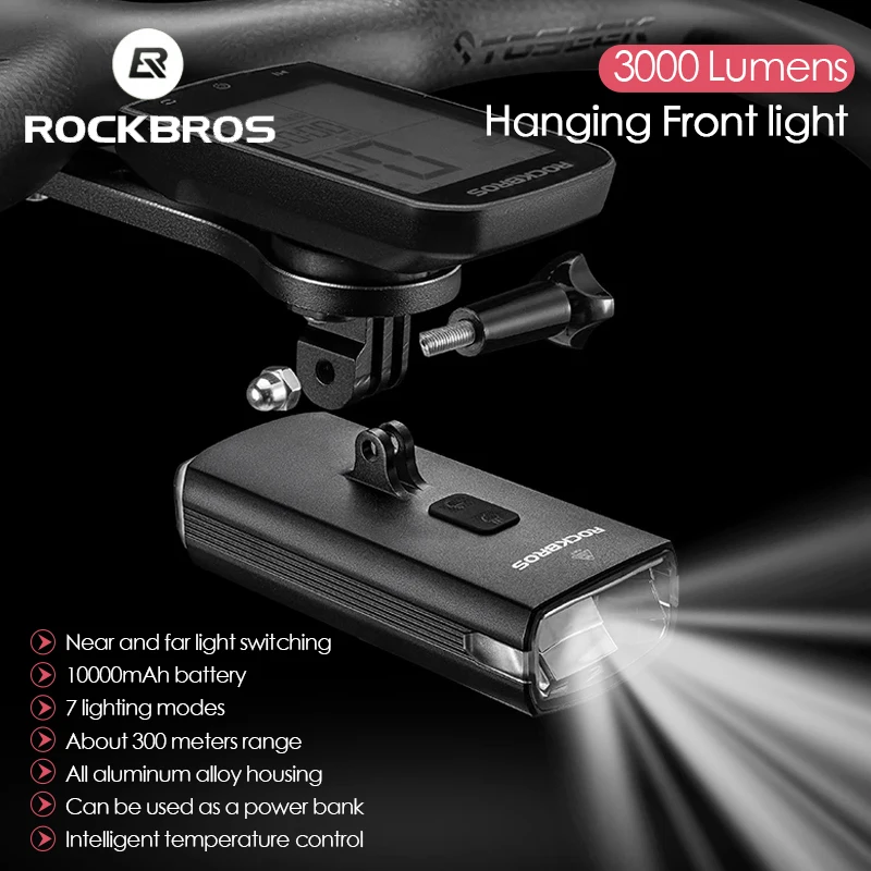 

ROCKBROS Bicycle Light 3000 High Lumen Mtb Road Bike Front Flashlight Anti-glare Bicycle Led Light 10000mAh Power Bank Head Lamp