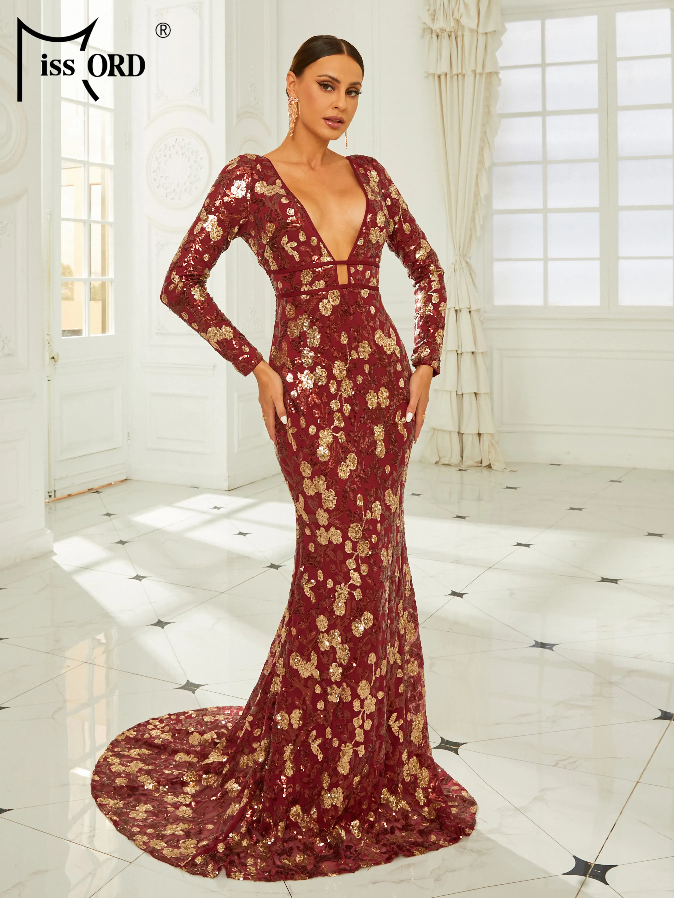 Missord 2024 Wine Floral Sequin Evening Dress Elegant Women Long Sleeve V Neck Bodycon Maxi Mermaid Party Prom Dresses Gown