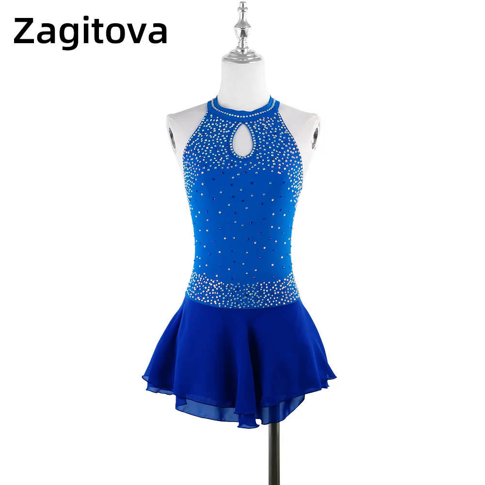 Custom Figure Skating Dress Sapphire For Women And Girls Ice Skating Clothes Sleeveless Condole Belt With Rhinestones