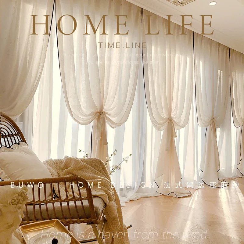 Black Border Linen Gauze Small Fragrance Cream Gauze Curtains for Living Room Bedroom Balcony French Retro Window Custom Size
