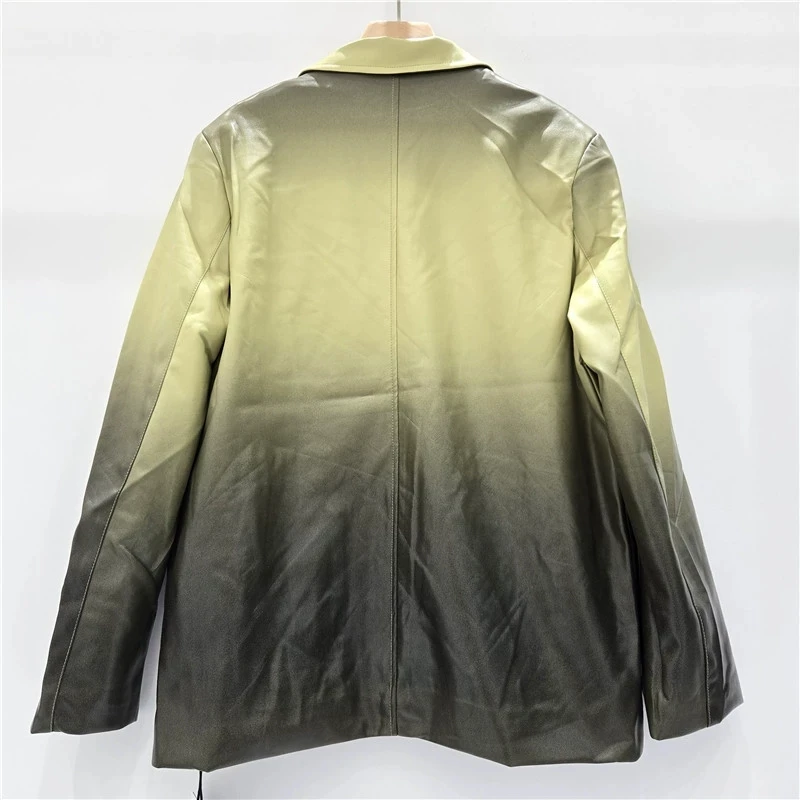 الخريف موضة التباين اللون فو بولي Leather بدلة جلدية سترة المرأة عادية محززة طوق واحدة الصدر كم طويل بليزرات معطف