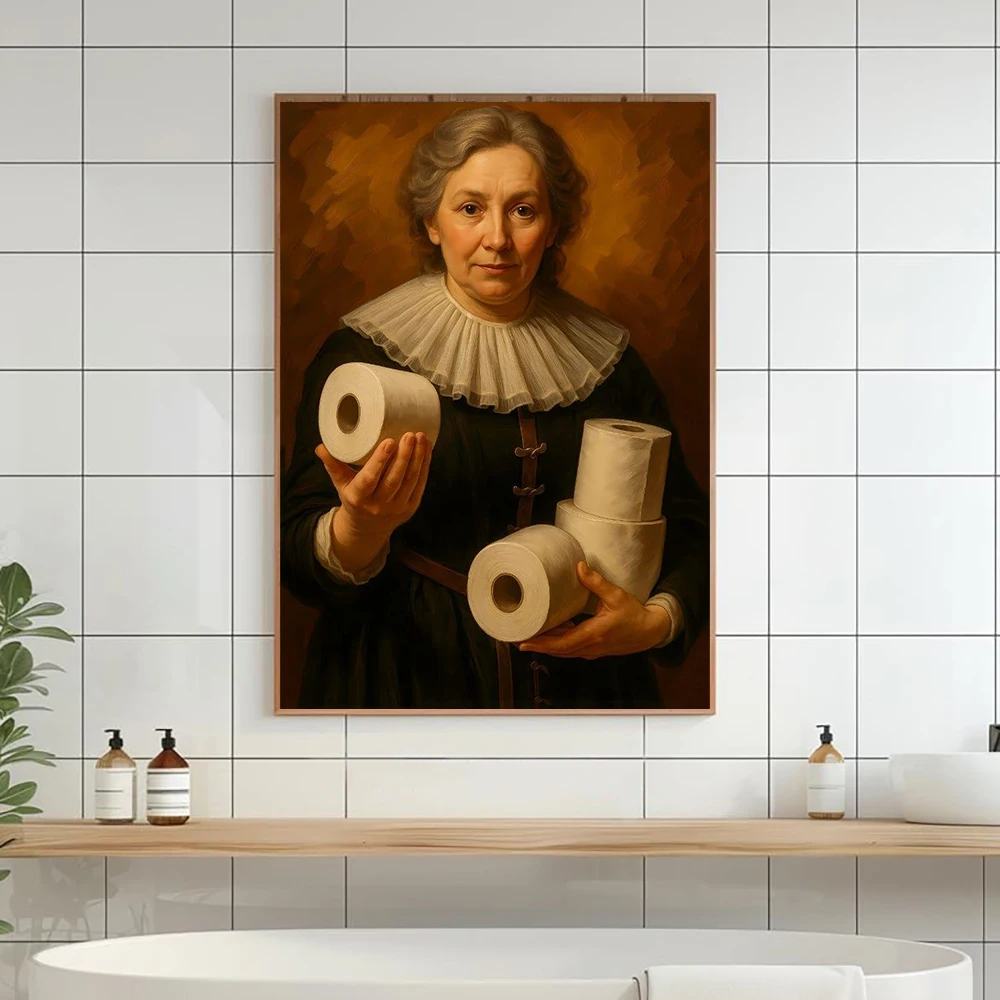 Funny Renaissance Lady Toilet Paper Art Print Bathroom Humor Poster Home Bathroom Canvas Painting Toilet Canvas Print Wall Decor