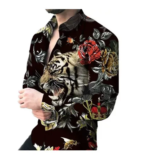 

Fashion Shirts Feather 3D Tiger Pattern Printed Shirts Men Fashion Shirts Casual Beach Blouse Cuba Lapel Blouse Long Sleeve Tops