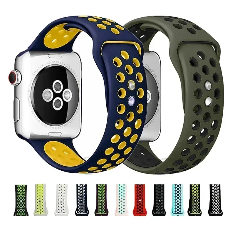 Strap For Apple Watch band 7 8 9 41mm 45mm 40 44 38 42mm Silicone Breathable sport bracelet iWatch serie 8 7 SE 6 5 3 Ultra 49mm