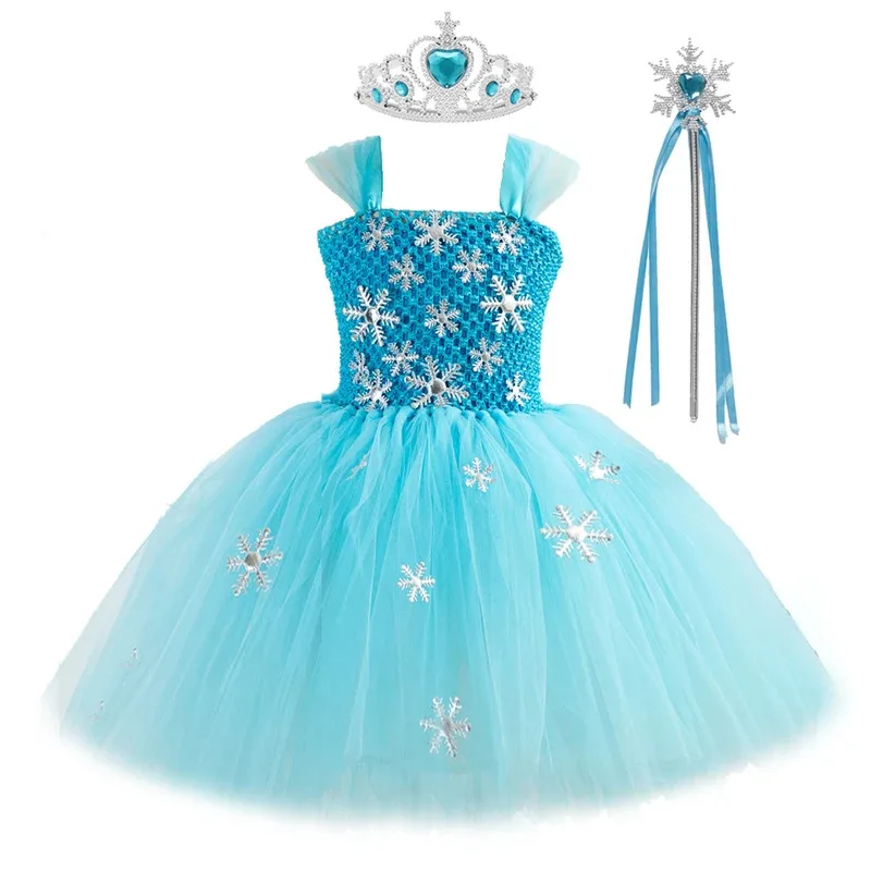 

Blue Princess Elsa Dress for Girls Snow Queen Tutu Dress Up Costumes for Kids Girl New Year Clothes Snowflake Christmas Outfits
