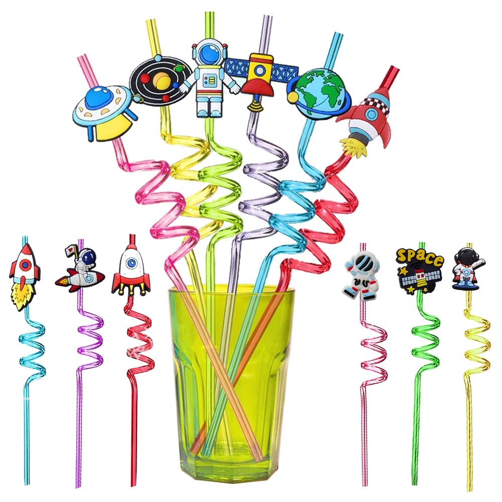 8pcs Reusable universe space rocket astronaut Straws Plastic Drinking Straws for Kids space Birthday Party Decorations Supplies