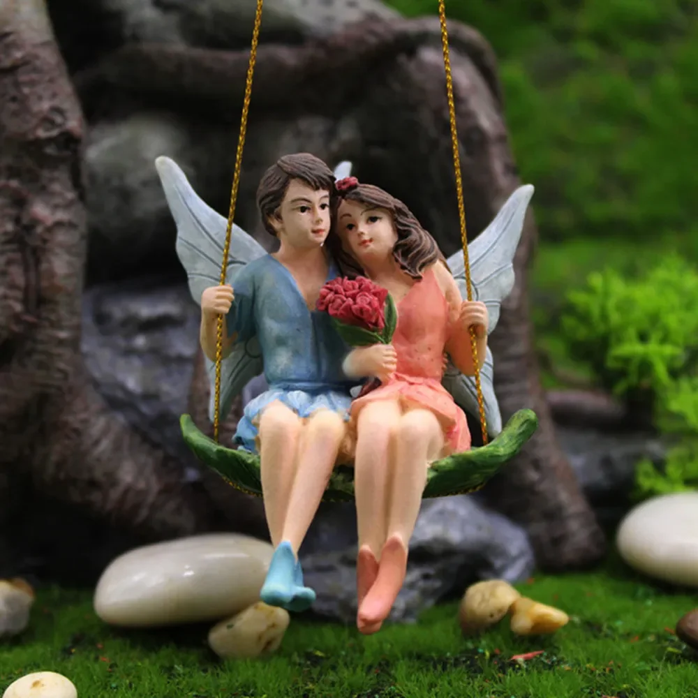 2024 New Romantic Couple Figurines Swing Flower Miniature Fairy Garden Micro Landscape Resin Art Craft House Scene Decoration