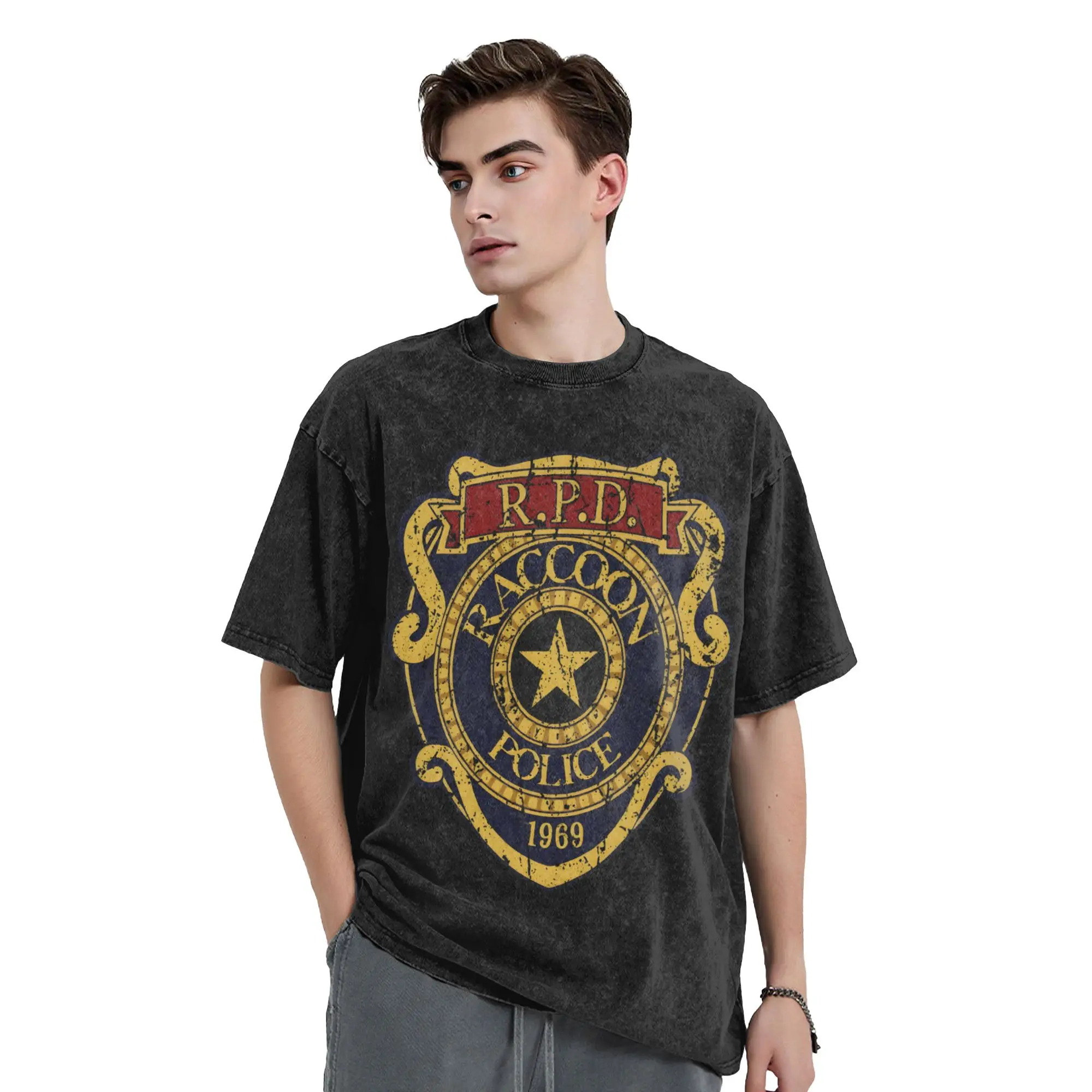 Washed T Shirts Retro Raccoon Police Department Vintage T-Shirt Oversize RPD  Streetwear 100% Cotton Summer Tee Shirt Men Women
