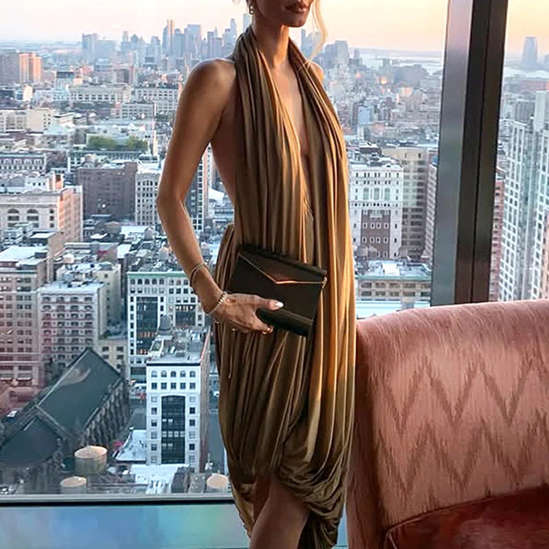 OMSJ Halter Ruched Irregular Backless Summer Sleeveless Trendy Bodycon Loose Maxi Dress Women Y2k Sexy Elegant Party Vestidos