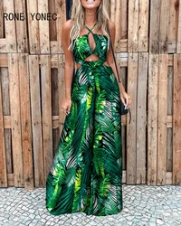 Women Tropical Print Sleeveless Halter Hollow Out Wide Leg Jumpsuit Women Casual Jumpsuit