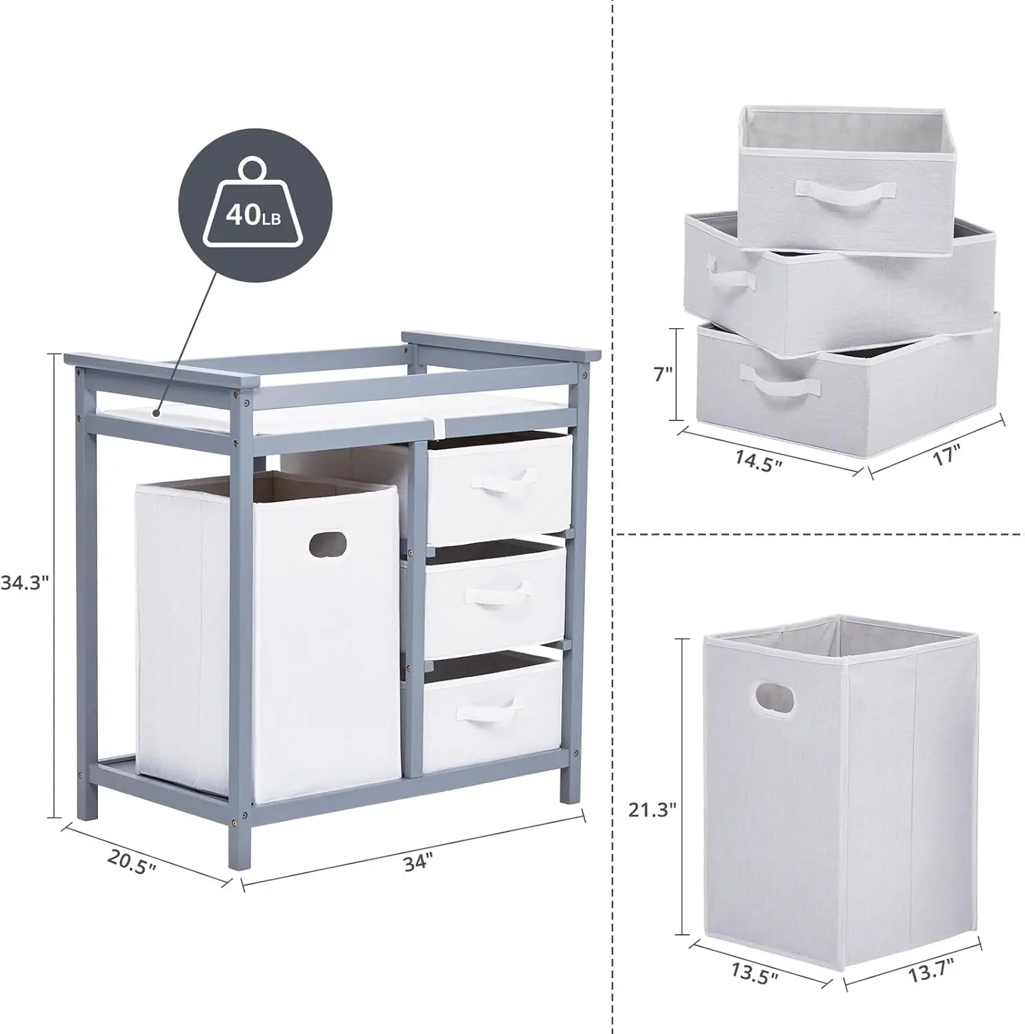 Baby Changing Table with Changing Pad, 3 Drawers, Laundry Hamper | Wooden Baby Changing Unit Nursery Organizer for Diapers, Clothes & Toys