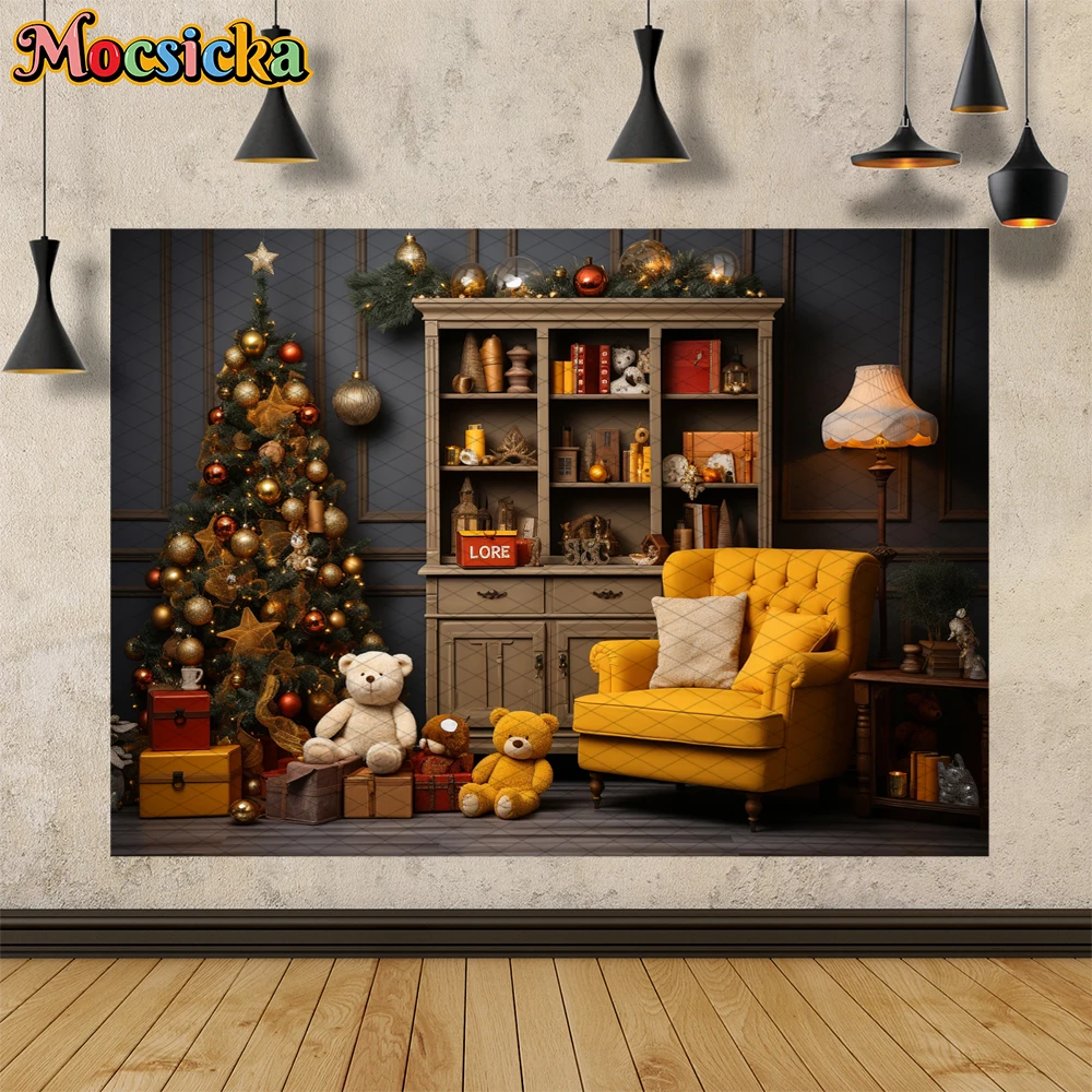 Christmas Cartoon Bear Photography Background Cabinet Yellow Sofa Xmas Tree Newborn Baby Backdrop Kids Portrait Photo Studio