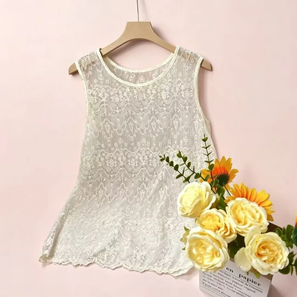 Stylish Crochet Lace Lace Tank Top U Neck Semi Sheer Lace Cover Up Loose Fit Sleeveless Top
