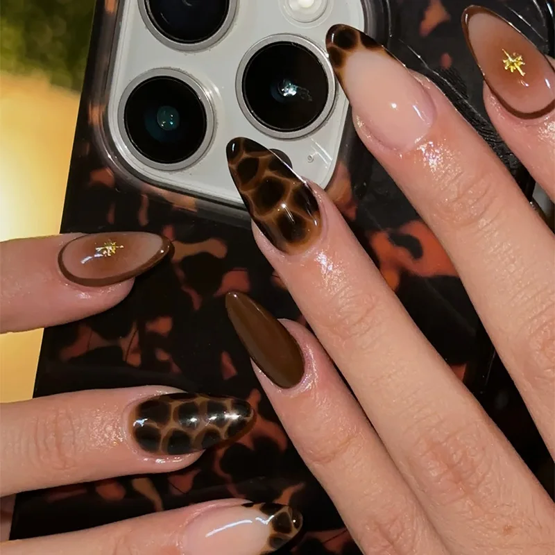 

24PCS Fashion Almond Press on Nails Art with Gradient French Flase Nail for Womeen Full Cover Leopard Print Acrylic Fake Nails