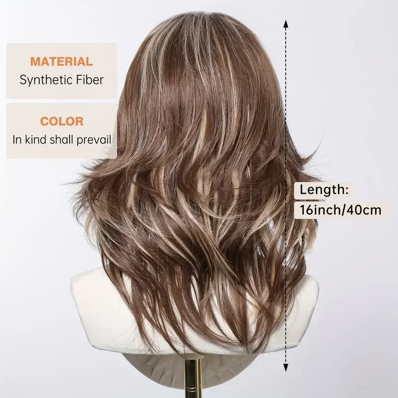Brown Blonde Highlights Wigs Medium Length Wavy Fake Hair For Women Daily Use Natural Middle Part Heat Resistant Synthetic Wigs image 4