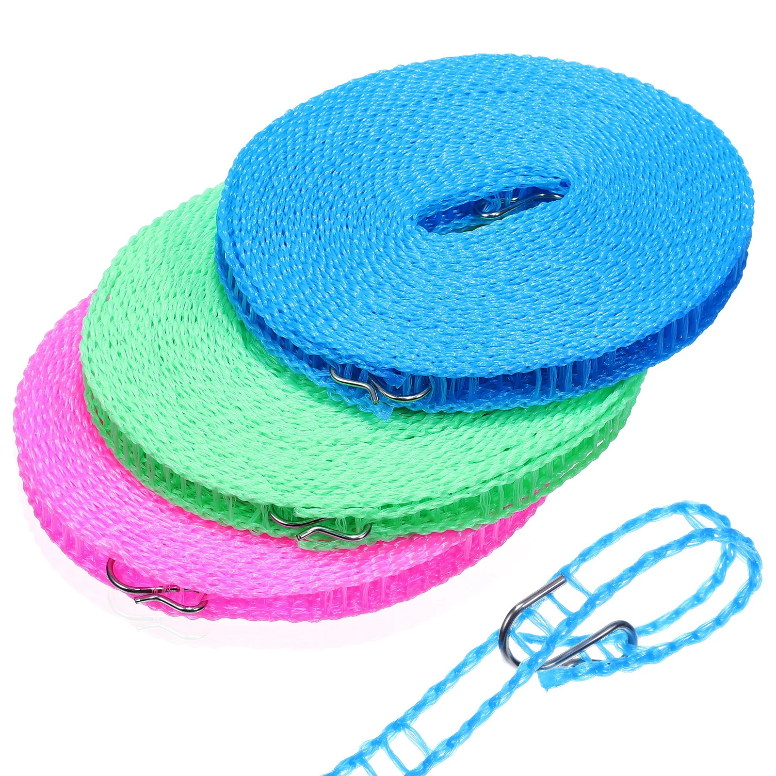 

3 Rolls Pink Hanging String Blue Green Outdoor Travel Clothesline Sturdy Nylon Portable Retractable Metal Hooks