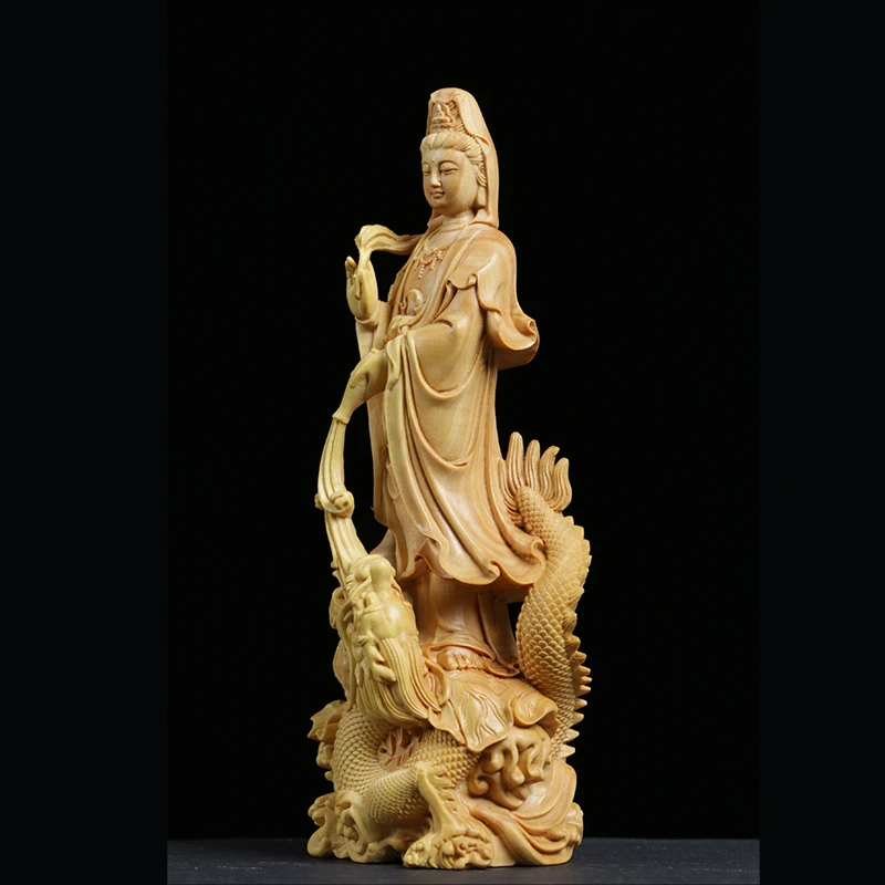 Boxwood 16cm Guanyin Sculpture Wood Carving Buddha Statue Worship Guan Yin with Dragon Home Decor