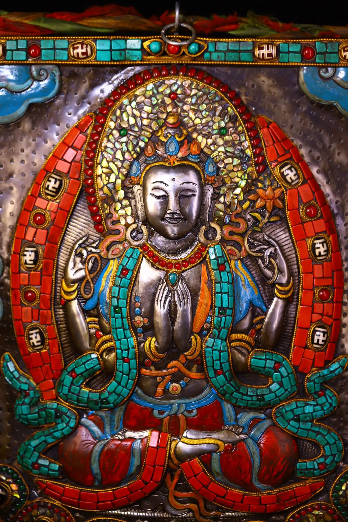 

16"Old China Collections Old Tiantie Painted Mosaic Gem gZi Beads Turquoise Four armed Guanyin Buddha Thangka hanging panel