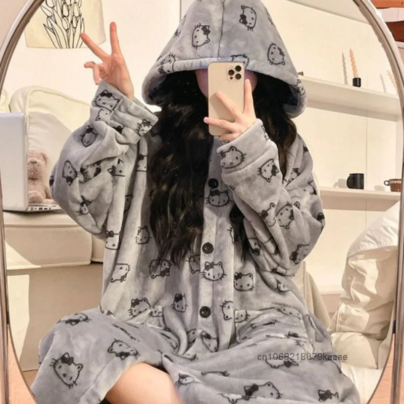 Hello Kitty Women Autumn Winter Hooded Nightgown Flannel Thick Warm Loose Cartoon Pajamas Japanese Style Cute Printed Nightrobe