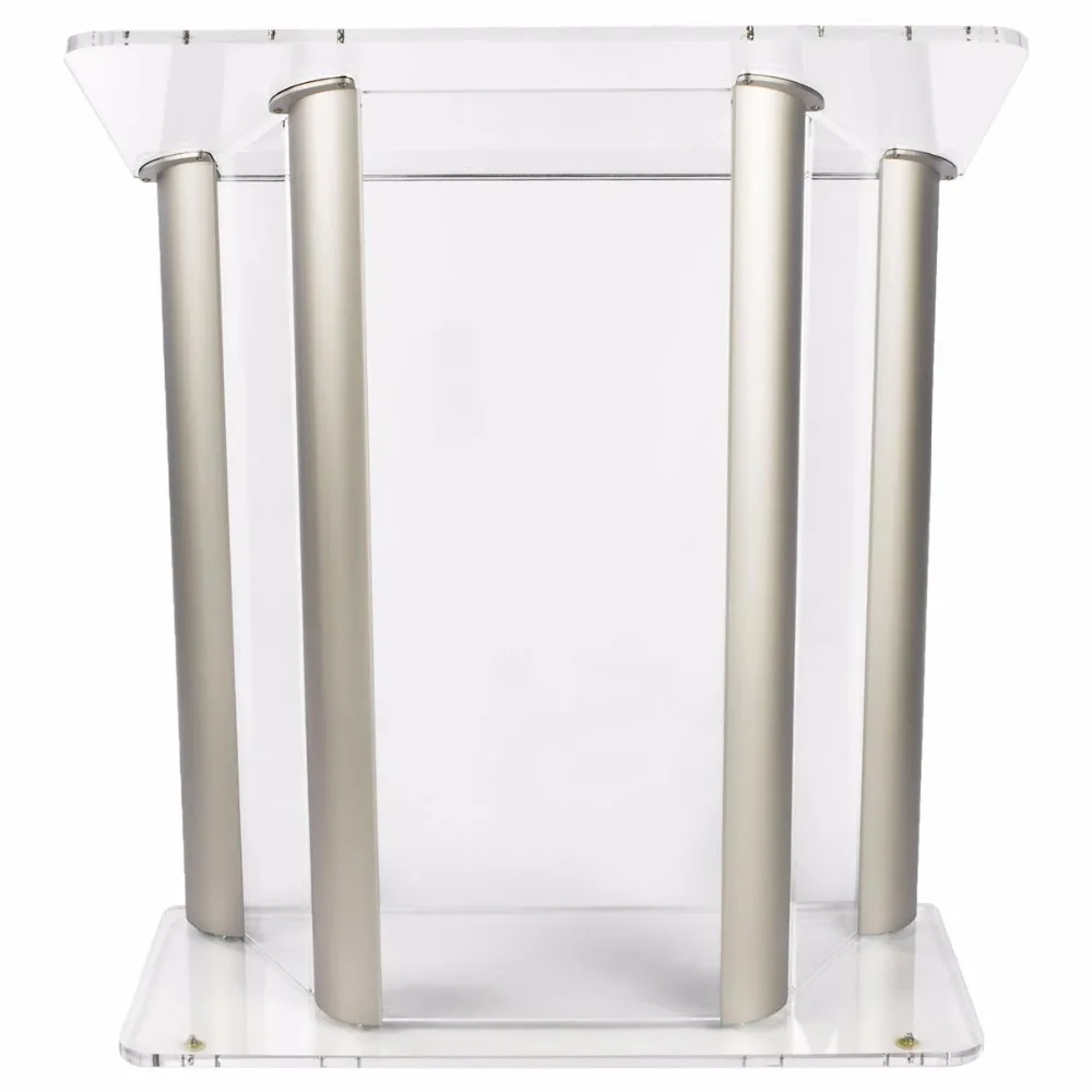

Large Reading Surface Aluminum Pillars Acrylic Podium Metal Side Pulpit For Floor