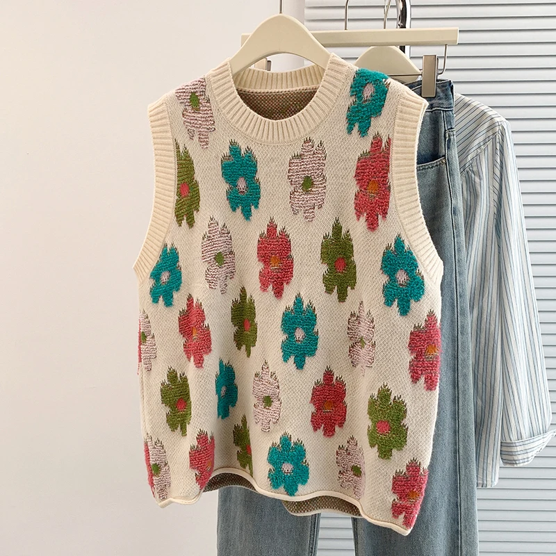 

Autumn Winter New Sle Japanese Artistic Fre Cute 3D Print Vest Loose round Ne Knitted Waistcoat Women's Faion