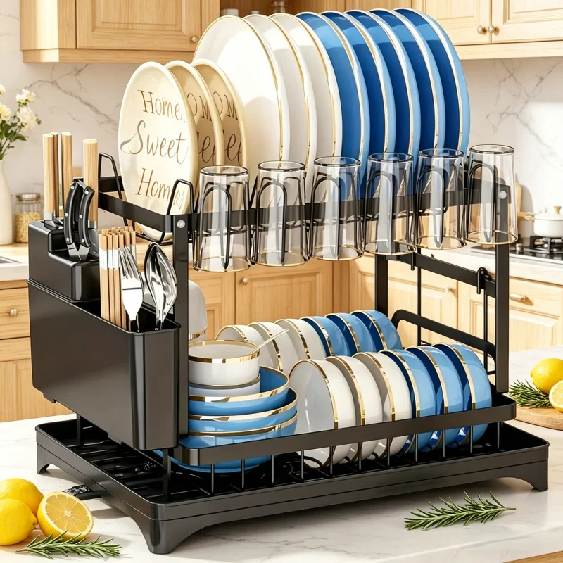 Metal 2-Tier Dish Drying Rack with Drip Tray – Kitchen Countertop Drainer, Multifunctional Storage Rack for Dishes & Chopsticks