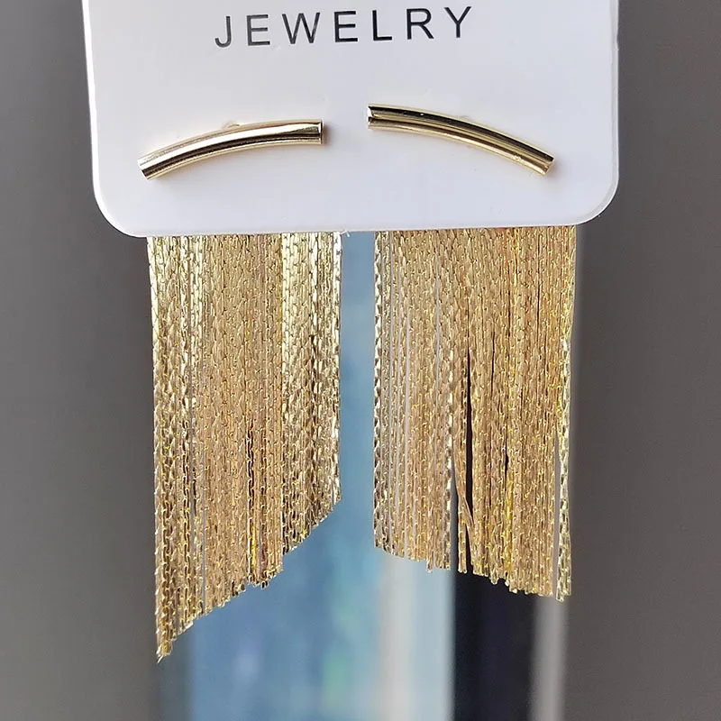 Fashion 14K Gold Color Shiny Long Chain Tassel Earrings For Women Luxury Pendant Stud Earrings Wedding Party Daily Jewelry Gifts