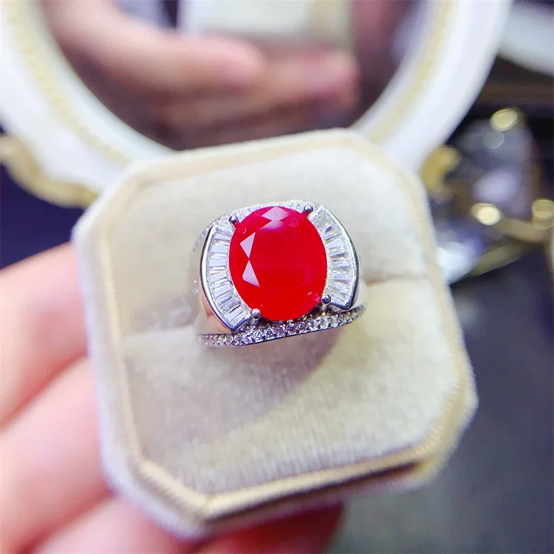 

925 Sterling Silver Ruby Men's Ring Carry Certificate Exquisite Jewelry Box Birthday Gift