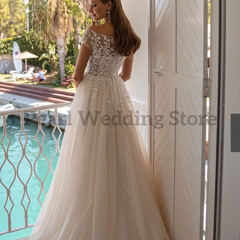 Simple Card Shoulder Short Sleeve Wedding Dress High Quality Appliques Illusion Tulle Beach Seaside Marring Gowns For Women