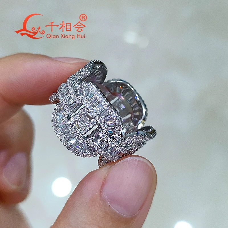 Sterling 925 Silver Moissanite Ring for Men Women 13.5mm Pig Nose Hip Hop Emerald Baguette Diamond Fine Jewelry