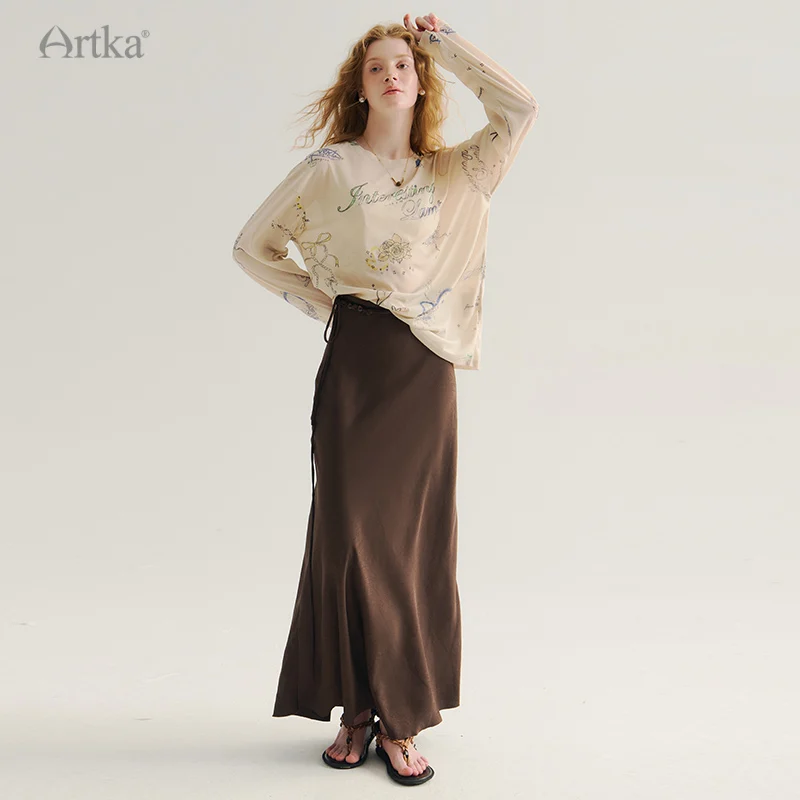 ARTKA 2024 Early Autumn New Women Skirt Fashion Elegant Long Satin Skirt High Waist Slim Fishtail Skirts With Belt QA92542Q