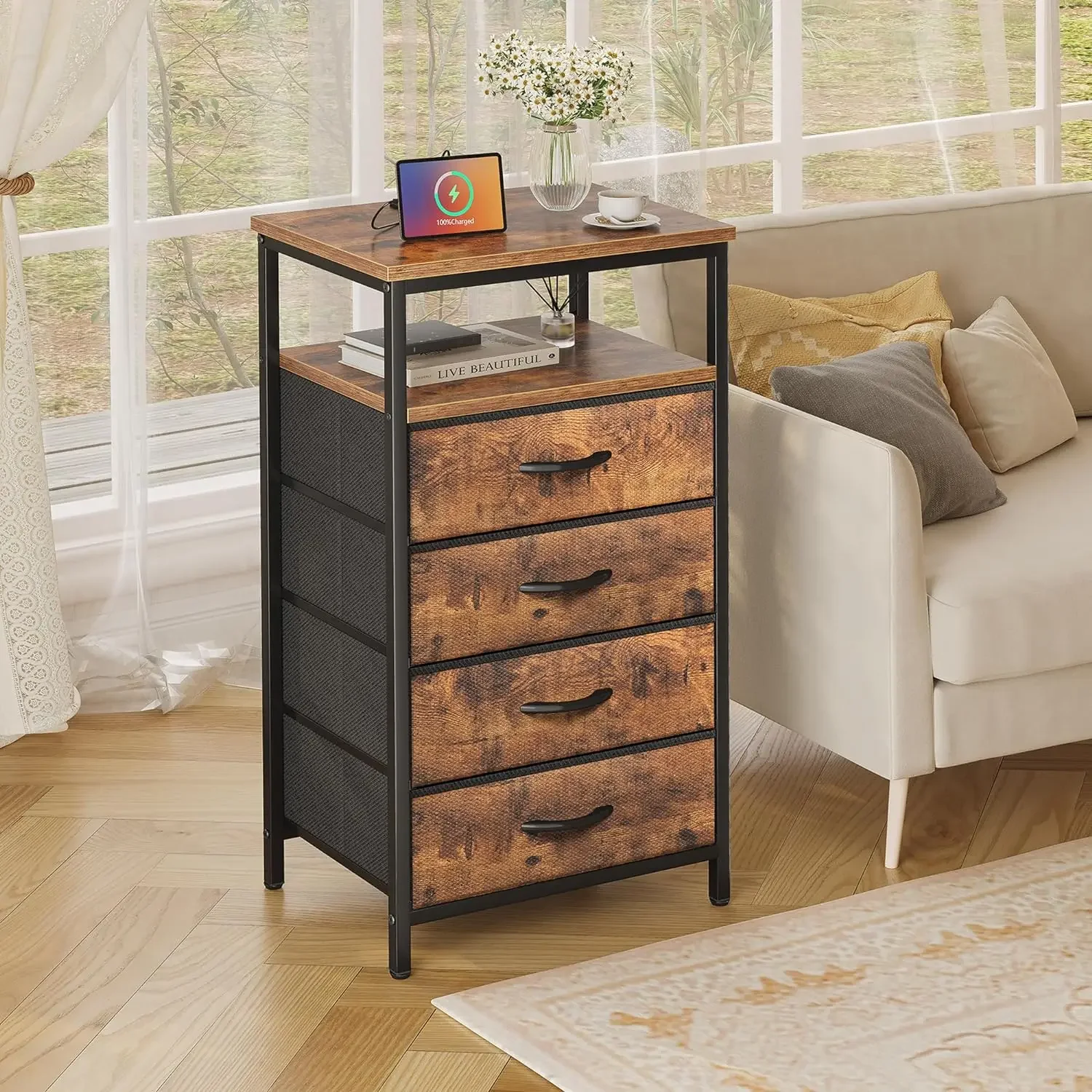 Night Stand with Charging Station, 4 Drawer Dresser for Bedroom, Bedside Table, 33.5 Inch Tall Nightstand  Open Shelf