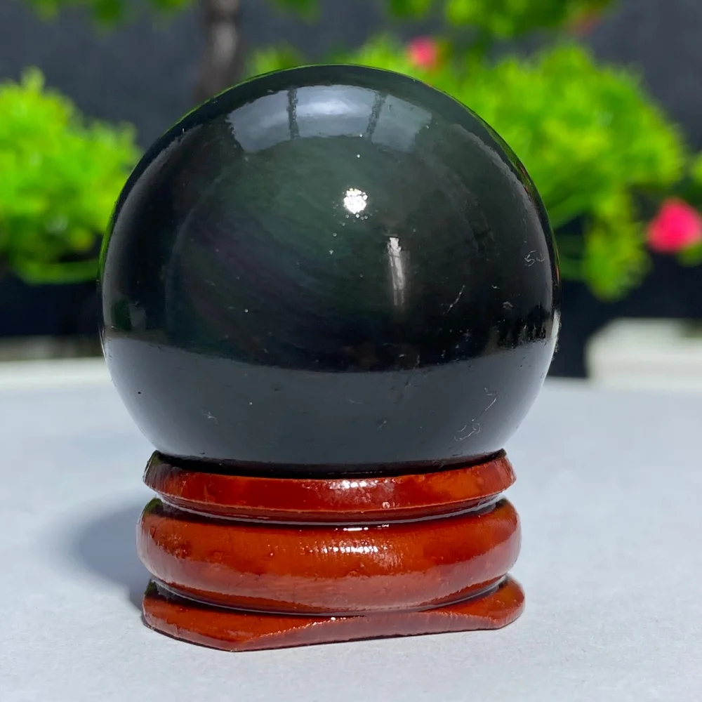 Black Obsidian Rainbow Cat Eye Energy Crystal Ball Natural Quartz Gemstone for Meditation Healing Home Decor Gift Stone