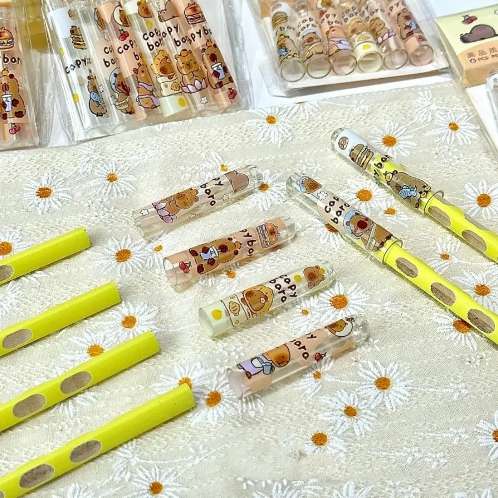 6PCS เครื่องเขียนน่ารัก Capybars ดินสอหมวกปลอดสารพิษ Kawaii ดินสอ Topper ครอบคลุมโปร่งใสการ์ตูนดินสอ Extender เด็ก
