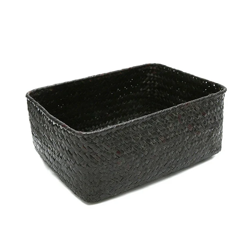 Black Wicker Storage Basket Rectangular Seagrass Basket Box Woven Rattan Container Shelf Organizer Kitchen Home Bathroom Decor