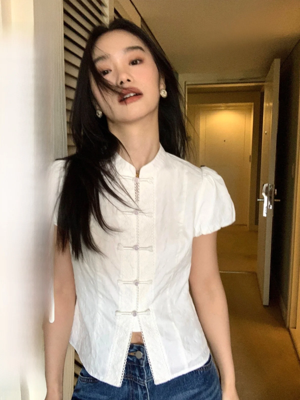 

Pusumede Chinese Sle Bubble Sve ort Sve irt Women Summer Design Sensation National Sle Buttoned ort Top