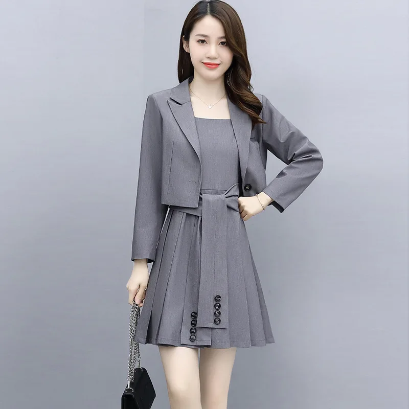 Blazers Suits Office Wear Women Dresses Sets Spring Slim Fit Short Pleated Dress 2 Piece Trendy Grace Fashion Look Thin Commute