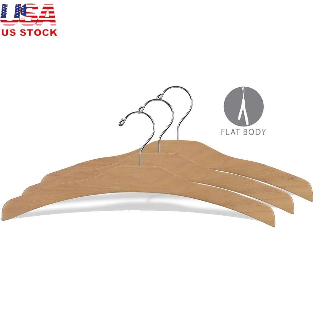 

Wooden Hanger Set of 25 17 Inch Space Saving Flat Design Natural Finish Chrome Swivel Hook Notches Shirts