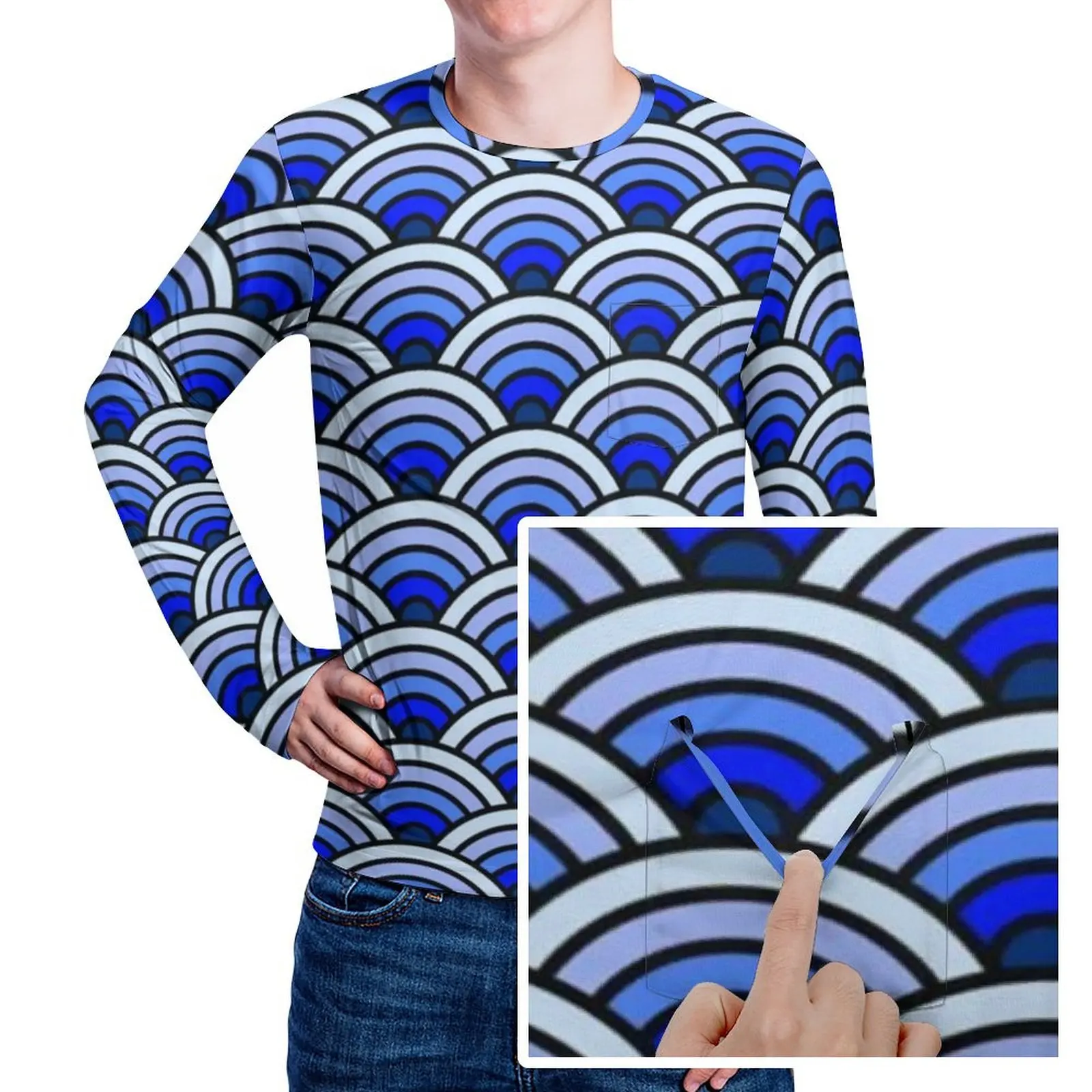 Blue Waves Seigaiha T-Shirt With Pocket Traditional Japanese Hippie T Shirts Man Tshirt Long Sleeve Pattern Clothes Big Size 5XL