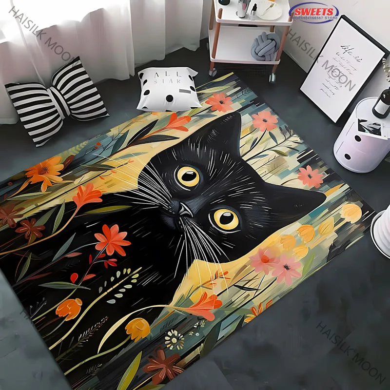 

Cute Black Cat Carpet and Flowers Theme Print Rug for Living Room, Bedroom,Office,Large Area, Black Rug, Stain Resistant Carpet